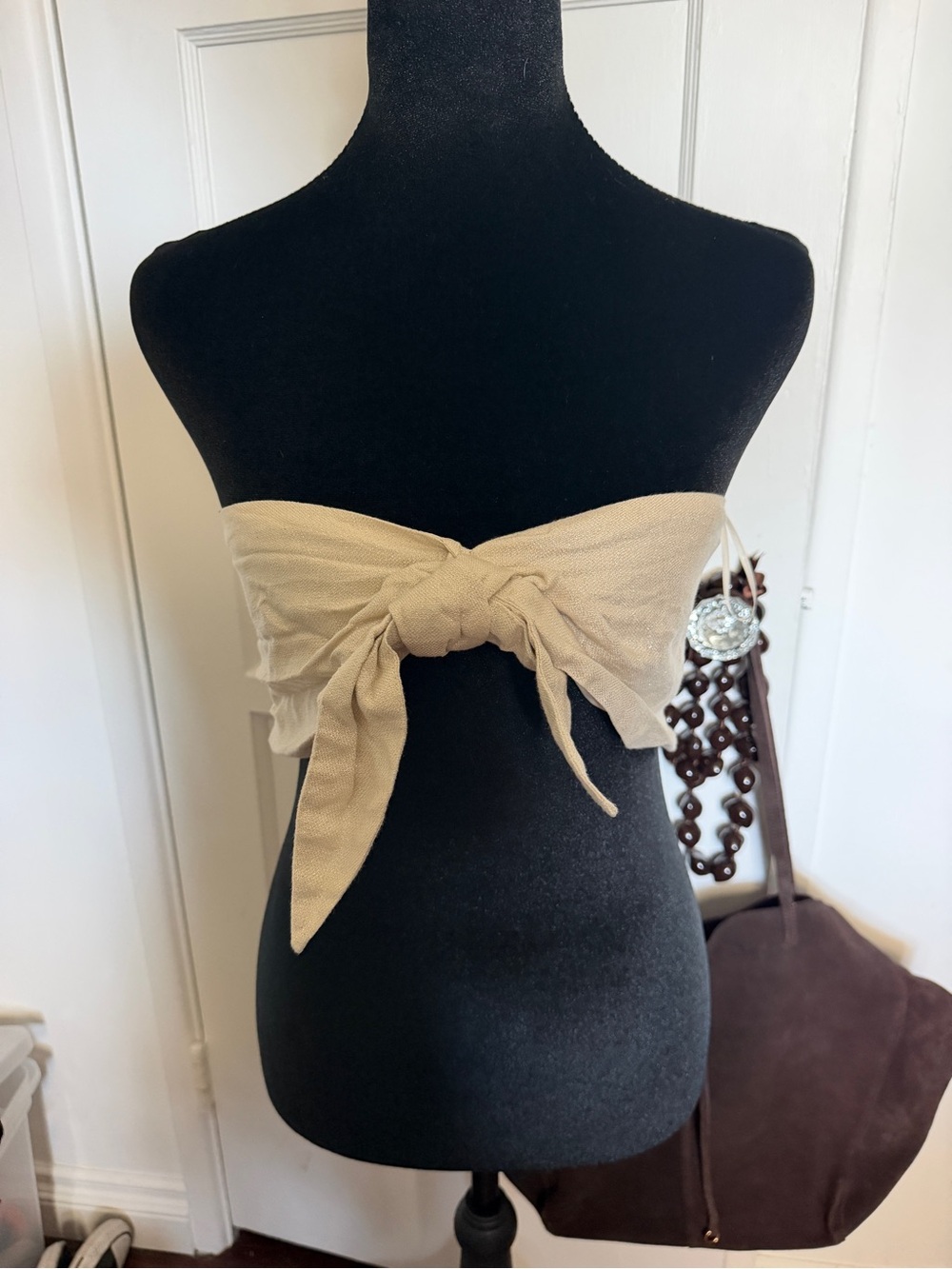 Express Glittery Beige Strapless Smocked Bandeau Top